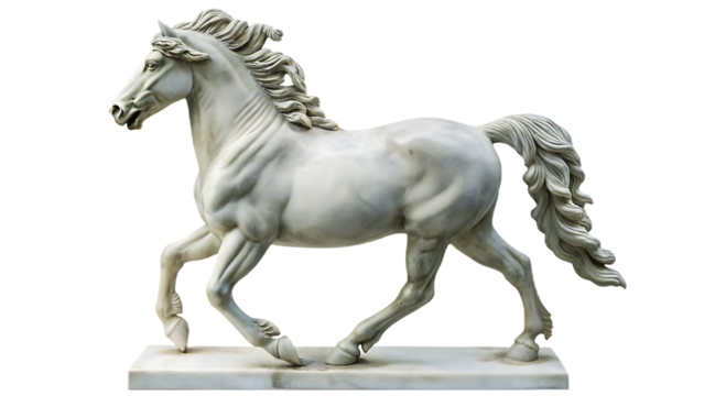 White marble horse statue with flowing mane and tail isolated on a transparent background 2