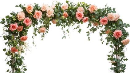 Pink roses and green leaves form a floral arch, isolated on transparent background