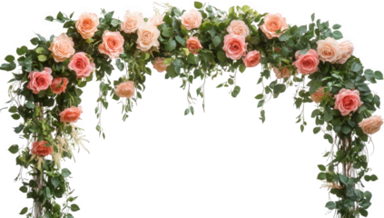 Pink roses and green leaves form a floral arch, isolated on transparent background