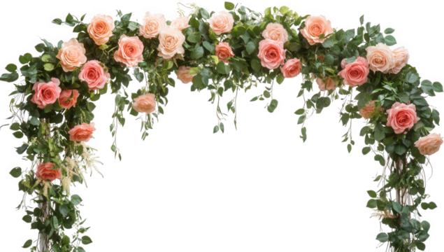 Pink roses and green leaves form a floral arch, isolated on transparent background
