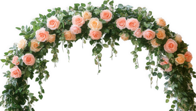 Pink roses and green leaves form a floral arch, isolated on transparent background