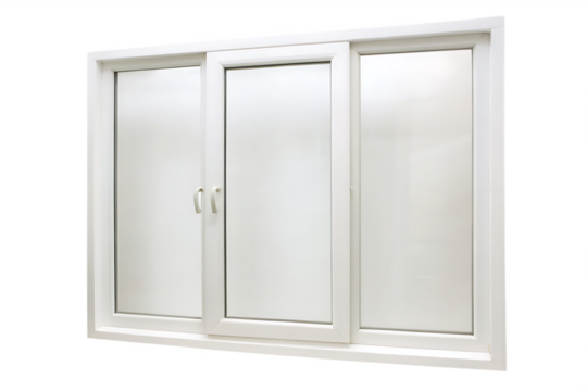 White three pane sliding vinyl window with handles isolated on a transparent background