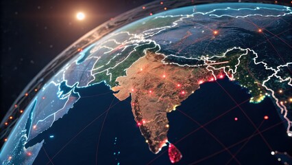Illuminated earth from space with glowing city lights and network lines over india
