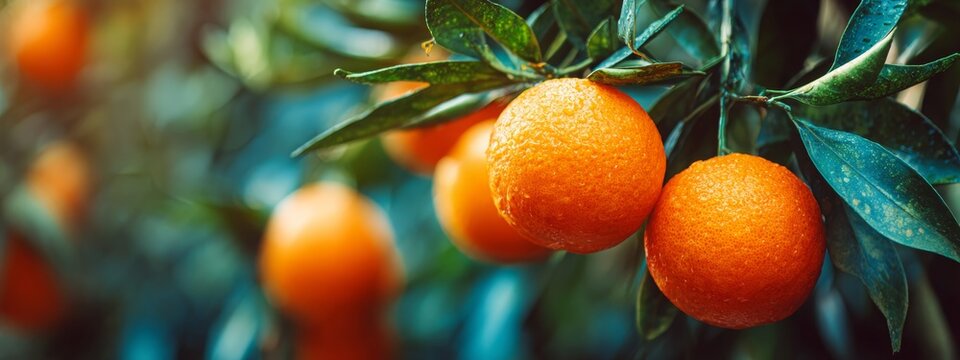 Orange garden with ripe oranges on tree branches, Generative AI,