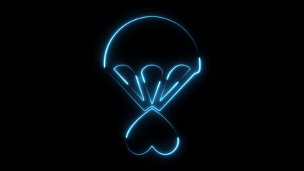 Blue neon parachute outline descending with heart shape below on black background abstract concept of love adventure