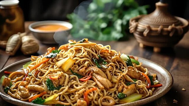 Asian chicken chow mein noodles served with vegetables and meat on a plate with wooden chopsticks on rustic brown table.