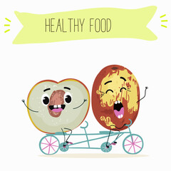 Jujube - exotic tropical fruit, Ziziphus jujuba, funny characters, hand drawn vector art.