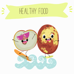 Jujube - exotic tropical fruit, Ziziphus jujuba, funny characters, hand drawn vector art.