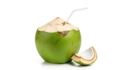Fresh young green coconut with a straw and a slice on a white background refreshing drink concept