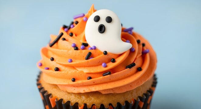Festive Halloween Cupcake with Orange Frosting and a Ghost Decoration on a Blue Background