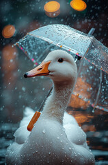 White Duck with Umbrella in the Rain &ndash; Autumn Stormy Weather Scene