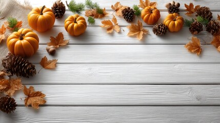 White and orange pumpkins are arranged with pinecones and vibrant autumn leaves, creating a festive fall atmosphere on a wooden surface