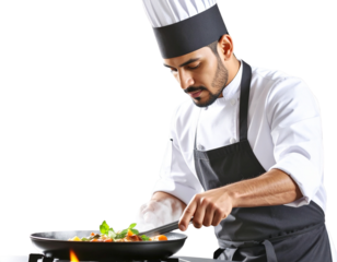 Focused Male Chef Cooking with Steam Rising  Warm Kitchen Lighting