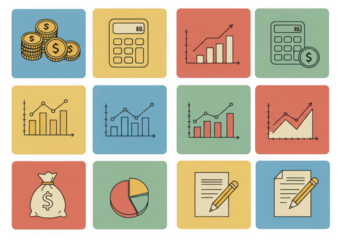 Collection of financial and business icons representing growth and investment isolated on transparent background