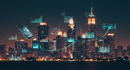 Futuristic Cityscape with Digital Data Overlays.