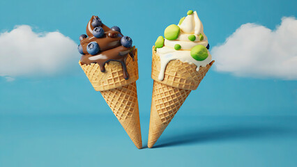 Cinematic Summer Ice Cream Cones Against Dreamy Sky – Vibrant Melting Scoops,,