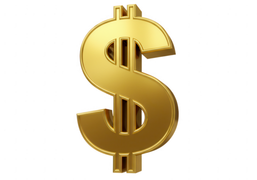 Shiny golden dollar sign symbol representing wealth and finance isolated on transparent background