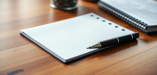 Close-up of a notepad and pen on a wooden desk, minimal, vintage