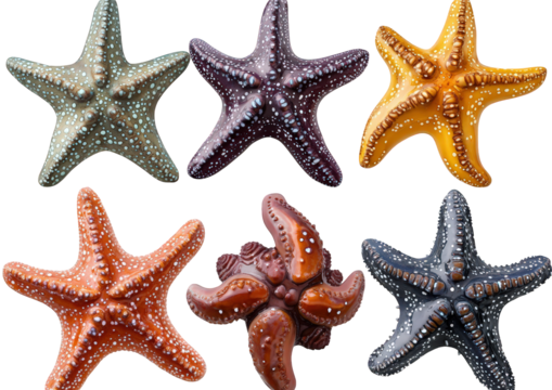 Collection of colorful starfish isolated on transparent background