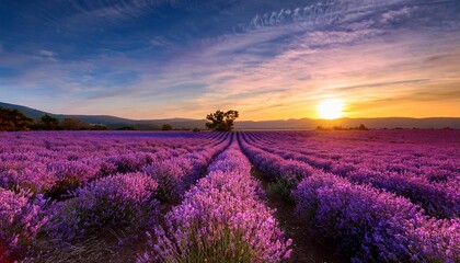 Fototapeta premium explore the tranquil beauty of a vibrant lavender field at sunset capturing nature s floral splendor and serene atmosphere