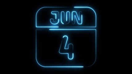 Glowing blue neon calendar date June 4th displayed on black background with modern digital interface and abstract