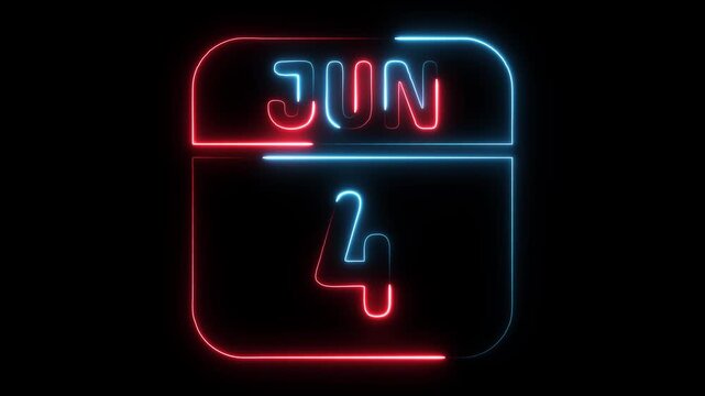 Neon Calendar Date June 4th Glowing Abstract Digital Display Countdown Timer Event Reminder Celebration Announcement