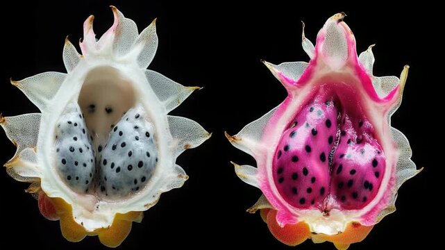 Close-up shot of a dragon fruit on a black background, ideal for food or product photography