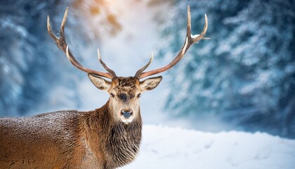 majestic deer with antlers in snowy forest with blurred frosty background