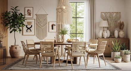 Stylish Bohemian Dining Room Design with Natural Light and Decorative Accents