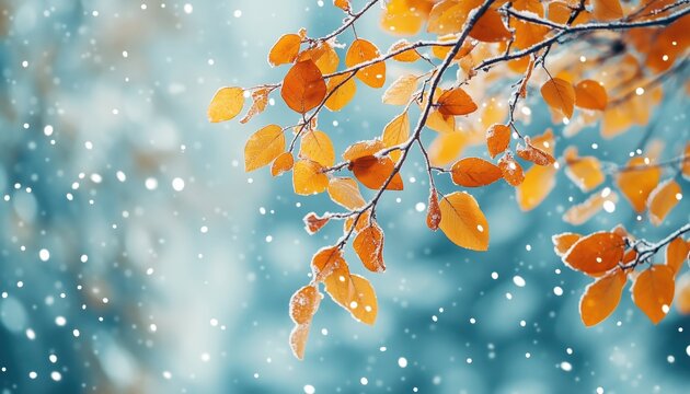 Breathtaking Branch Adorned With Orange And Yellow Leaves In Late Fall Or Early Winter Covered By Snow: First Snowfall Reveal.