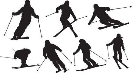 Black vector silhouette illustrations of people skiing on snow with extreme winter sports action