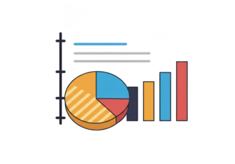 Colorful pie chart and bar graph representing data analysis and business growth isolated on transparent background