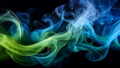 Obraz premium colorful blue and green smoke trails intertwine gracefully against a dark backdrop creating a mesmerizing dynamic display