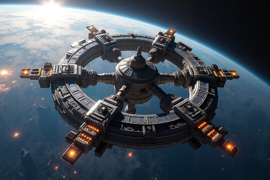 Futuristic space station orbiting Earth in a cosmic setting  