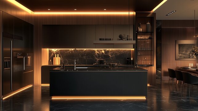 Modern kitchen with black marble countertops. Modern apartment with a spacious kitchen and a modern decor. Dining room with dark lighting and dark lighting for dining lifestyle room. Contemporary. - Powered by Adobe