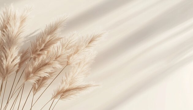 Stylish Pampas Grass Branch On Soft Neutral Beige Background: Perfect Aesthetic Inspiration For Bloggers Featuring Reeds, Sunlight, And Chic Shadows.