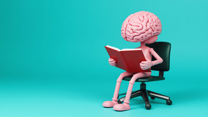 Whimsical 3D illustration of a cartoon brain with arms and legs reading a red book in a mid-century modern chair, set against a vibrant turquoise background. Perfect for education, creativity, and lea
