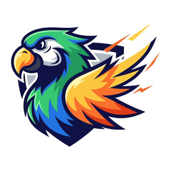 Parrot Emblem: A vibrant, energetic illustration showcases a sleek, stylized parrot emblem, exuding power and dynamism through bold colors and striking design elements.