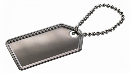 a metallic identification tag with a smooth surface attached to a chain of small beads transparent background