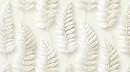 embossed botanical wallpaper featuring delicate white fern leaves with soft shadows on beige background, creating a refined, minimalist, and calming nature-inspired pattern