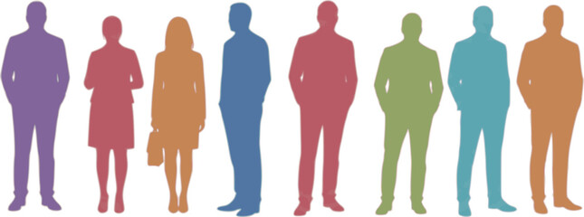 Multi-colored transparent silhouettes of men and women, multiply mode, a group of standing business people. Diverse people group silhouette. Flat vector illustration isolated on background.