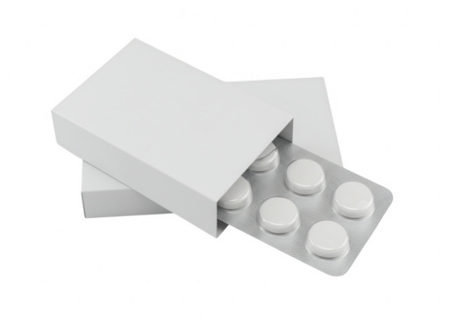 White cardboard medicine box revealing a blister pack of round white pills isolated on transparent background - Powered by Adobe