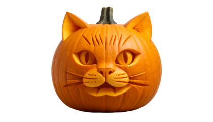 Halloween pumpkin carved like a cat face isolated on transparent background
