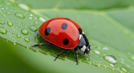 Fototapeta premium Ladybug rests on a green leaf covered in water droplets macro shot