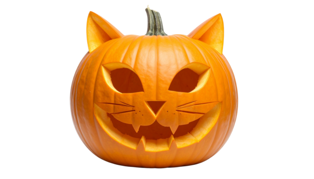 Halloween pumpkin carved like a cat face isolated on transparent background
