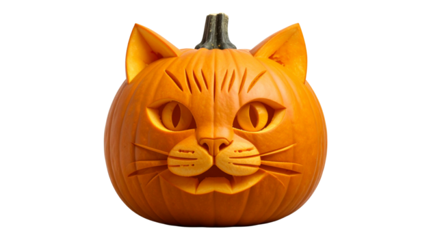 Halloween pumpkin carved like a cat face isolated on transparent background
