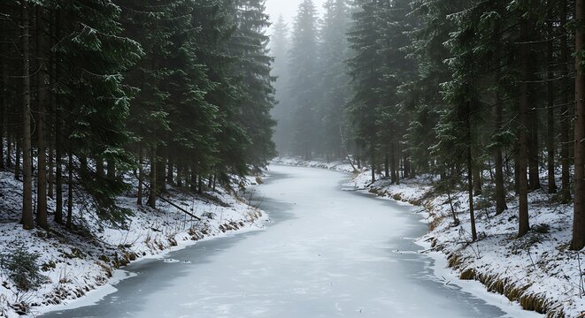 Frozen creek winding through a silent forest under a blanket of snow and winter mist