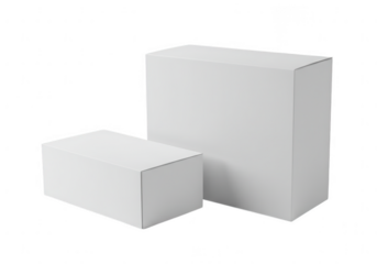 Two blank white cardboard boxes of different sizes standing upright on a transparent background isolated on transparent background