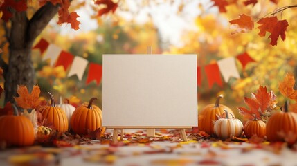 Pumpkins and blank white board in front of a fall background. Blank canvas of a painting. Autumn decorations for thanksgiving. A blank white board and pumpkins set against a backdrop lifestyle of.