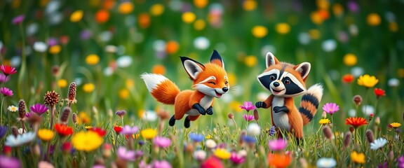 Whimsical fox and raccoon friends frolic in vibrant, colorful meadow,  colorful animals,  summer